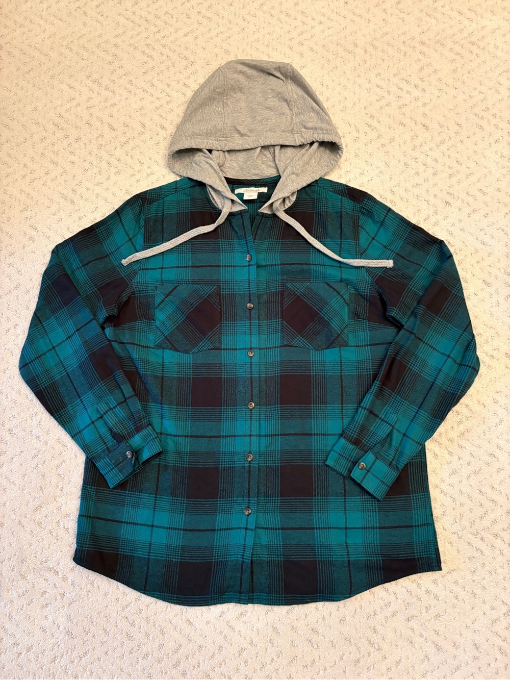 Natural Reflections Hooded Flannel Shirt Size L Green Black Plaid Button Up